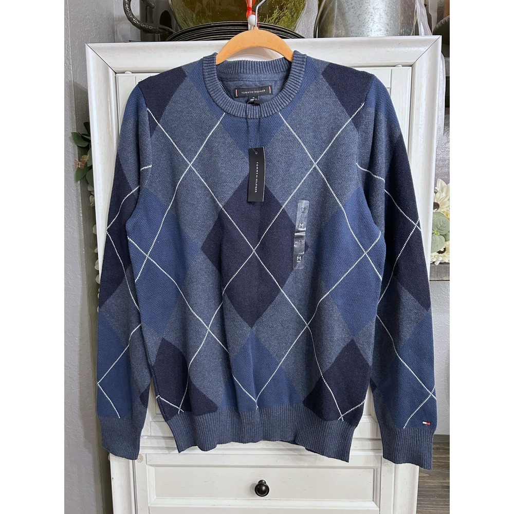 NWT Tommy Hilfiger Argyle Crewneck Sweater Blue Size Medium Winter Fall Holiday